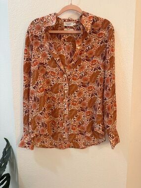 Monoprix Premiun 100% Silk Blouse- Floral Button-Front Blouse in Brown Floral